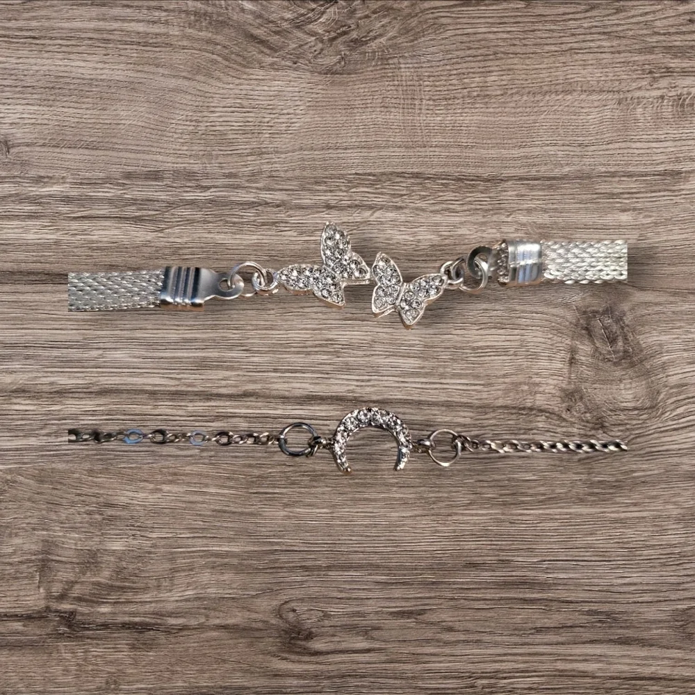 🩷3 for $15: 2-Piece Silver & Crystal Bracelets, 1 Butterfly & 1 Moon, 7
